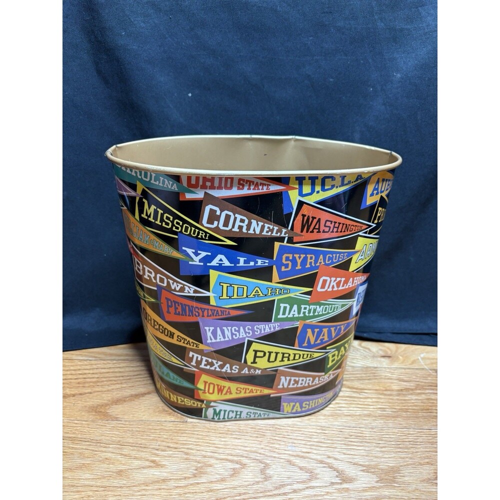 Vintage Harvell NCAA College Pennant Metal Trash Can from the 1950s-1960s